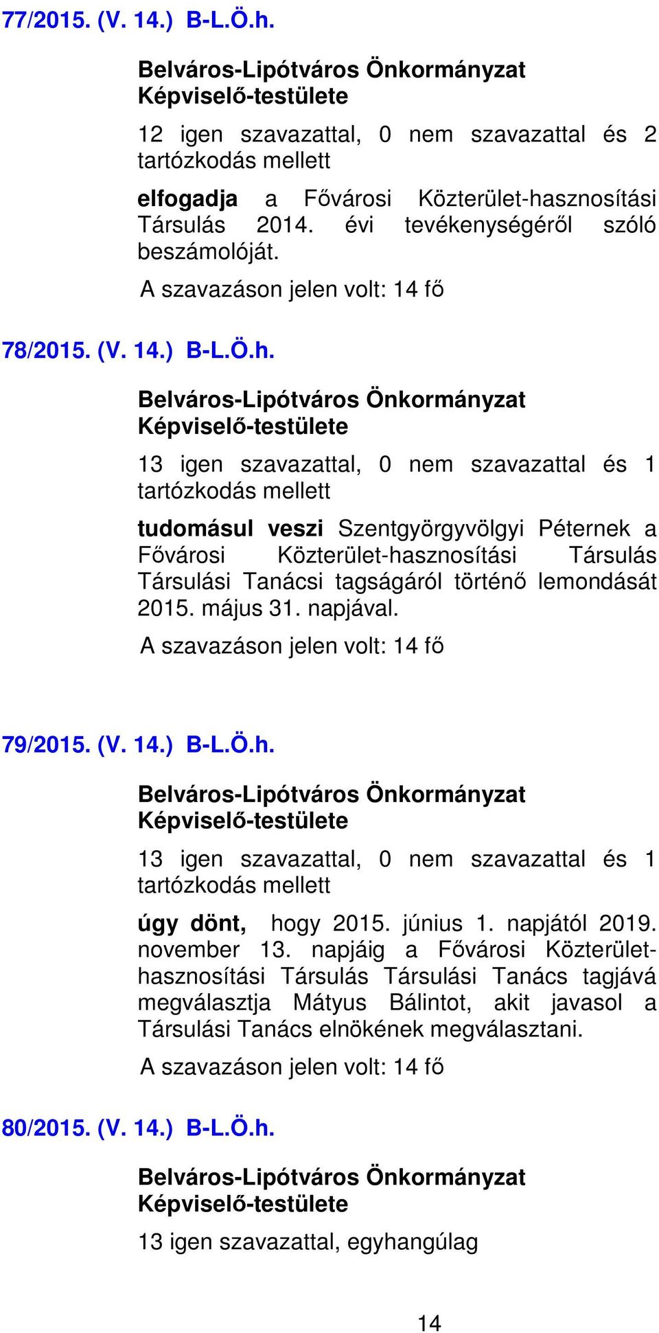 sznosítási Társulás 2014. évi tevékenységéről szóló beszámolóját. 78/2015. (V. 14.) B-L.Ö.h.