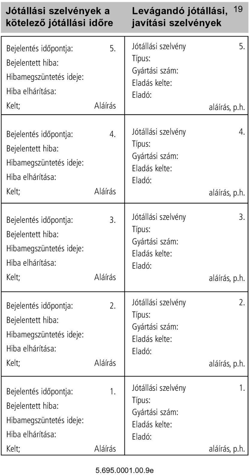 Bejelentett hiba: Hibamegszüntetés ideje: Hiba elhárítása: Kelt; Aláírás Bejelentés időpontja: 1.