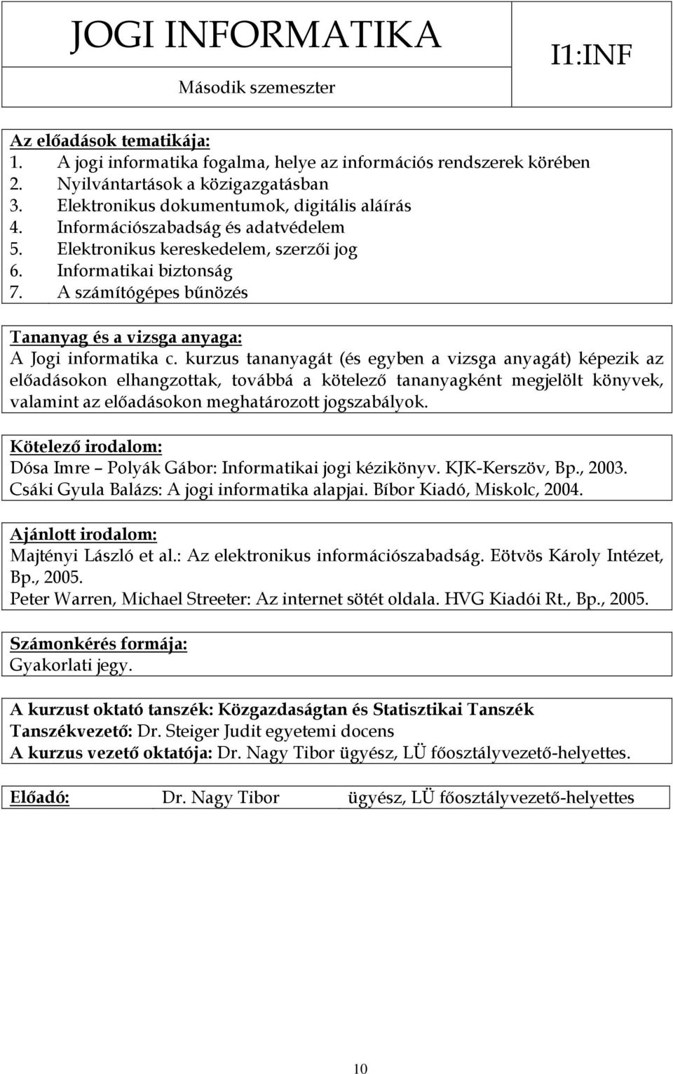 kurzus tananyagát (és egyben a vizsga anyagát) képezik az előadásokon elhangzottak, továbbá a kötelező tananyagként megjelölt könyvek, valamint az előadásokon meghatározott jogszabályok.