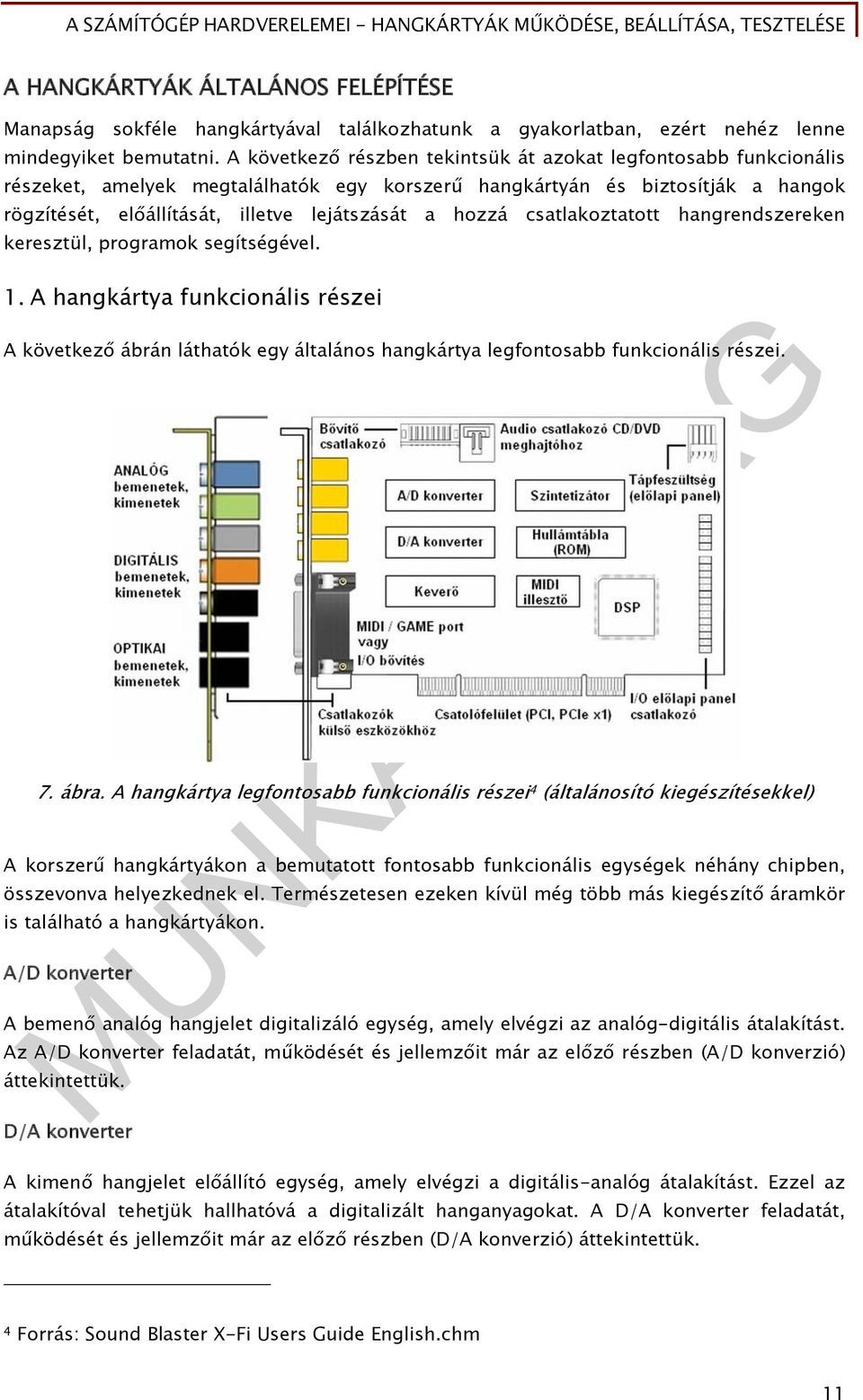 hozzá csatlakoztatott hangrendszereken keresztül, programok segítségével. 1. A hangkártya funkcionális részei A következő ábrán láthatók egy általános hangkártya legfontosabb funkcionális részei. 7.