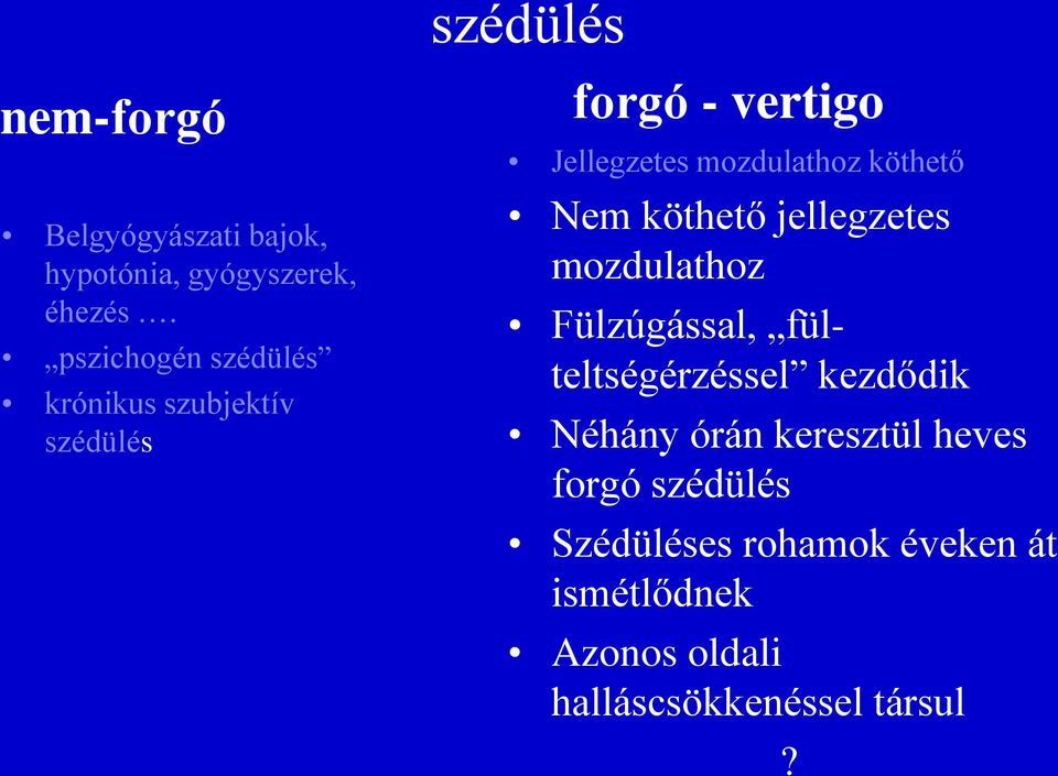 köthető Nem köthető jellegzetes mozdulathoz Fülzúgással, fülteltségérzéssel kezdődik Néhány