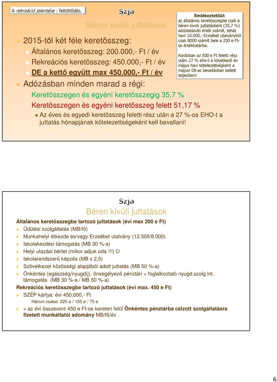 000,- Ft / év Adózásban minden marad a régi: Keretösszegen és egyéni keretösszegig 35,7 % Keretösszegen és egyéni keretösszeg felett 51,17 % Emlékeztetőül: az általános keretösszegbe csak a béren