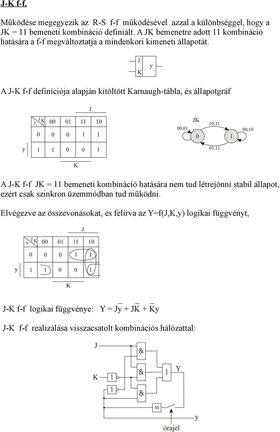 A J-K f-f definíciója alapján kitöltött Karnaugh-tábla, és állapotgráf A J-K f-f JK = bemeneti kombináció hatására nem tud létrejönni stabil