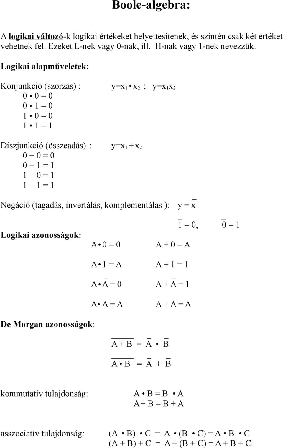 Logikai alapműveletek: Konjunkció (szorzás) : = = = = y= 2 ; y=2 Diszjunkció (összeadás) : += += += += y= + 2 Negáció (tagadás, invertálás,