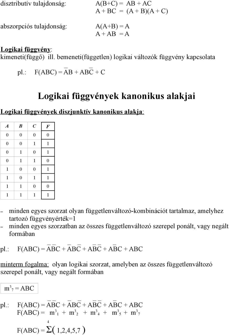 : F(ABC) = AB + ABC + C Logikai függvények kanonikus alakjai Logikai függvények diszjunktív kanonikus alakja: A B C F minden egyes szorzat olyan függetlenváltozó-kombinációt tartalmaz, amelyhez