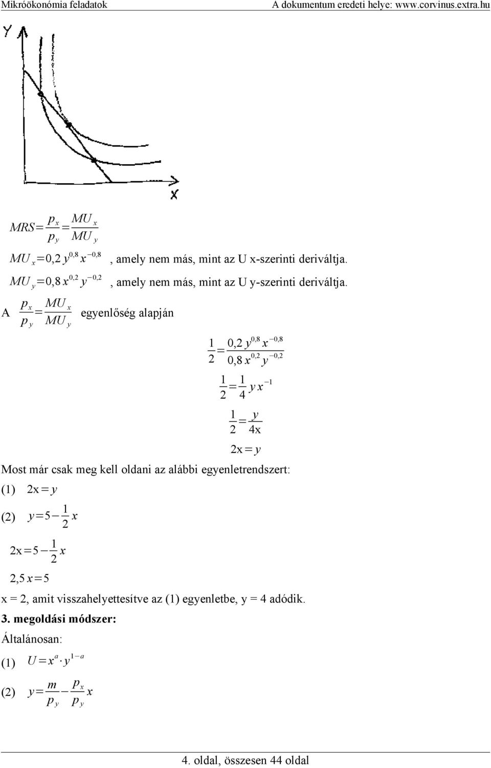 A p x MU x = egyenlőség alapján p y MU y 1 0, y0,8 x 0,8 = 0,8 x 0, y 0, 1 1 = y x 1 4 1 y = 4x x= y Most már csak meg kell