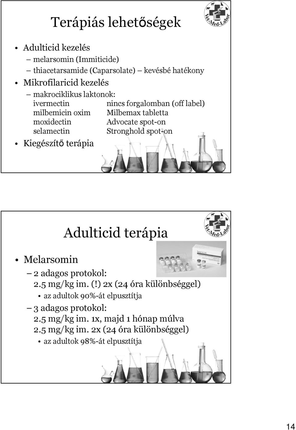 Stronghold spot-on Kiegészítő terápia Melarsomin Adulticid terápia 2 adagos protokol: 2.5 mg/kg im. (!