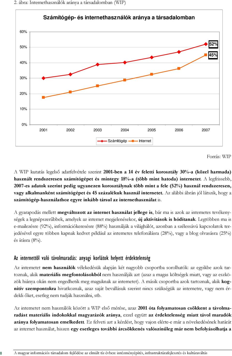 internetet. A legfrissebb, 2007-es adatok szerint pedig ugyanezen korosztálynak több mint a fele (52%) használ rendszeresen, vagy alkalmanként számítógépet és 45 százalékuk használ internetet.