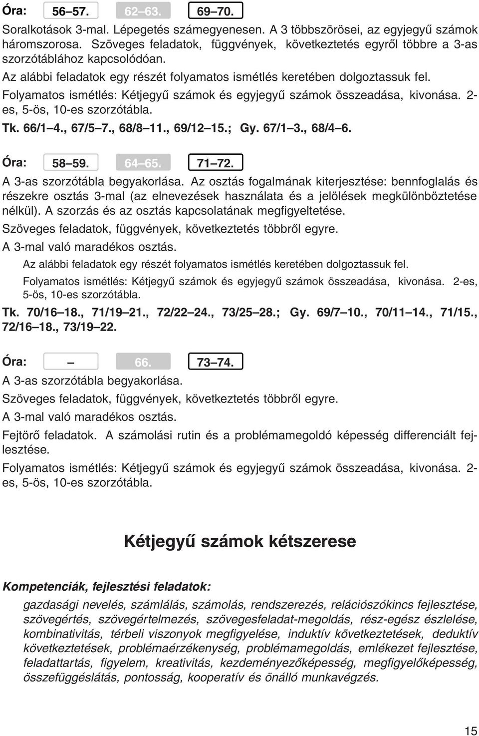 Folyamatos ismétlés: Kétjegyű számok és egyjegyű számok összeadása, kivonása. 2- es, 5-ös, 10-es szorzótábla. Tk. 66/1 4., 67/5 7., 68/8 11., 69/12 15.; Gy. 67/1 3., 68/4 6. Óra: 58 59. 64 65. 71 72.