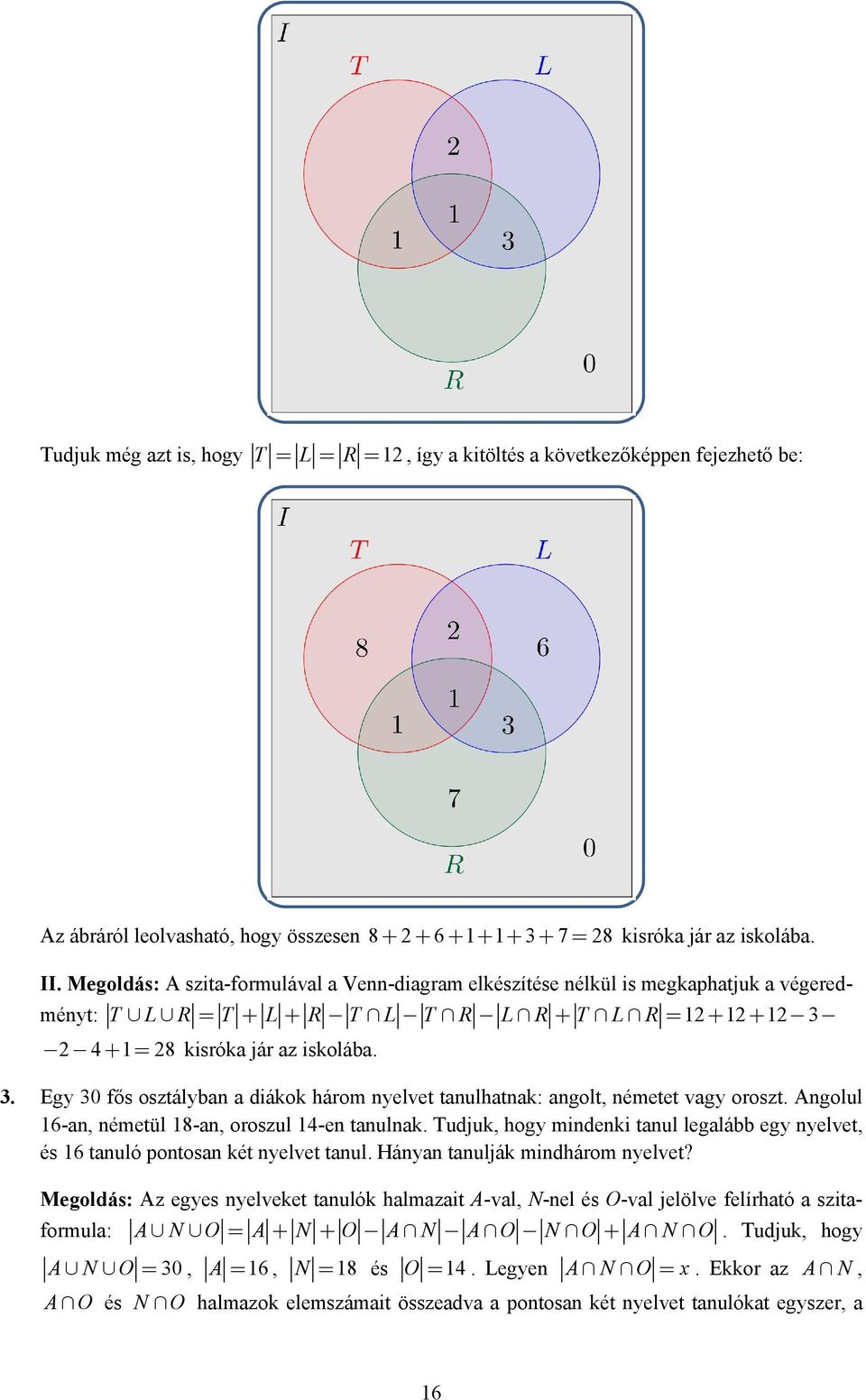 4+ 1= 8 kisróka jár az iskolába. 3. Egy 30 fős osztályban a diákok három nyelvet tanulhatnak: angolt, németet vagy oroszt. Angolul 16-an, németül 18-an, oroszul 14-en tanulnak.