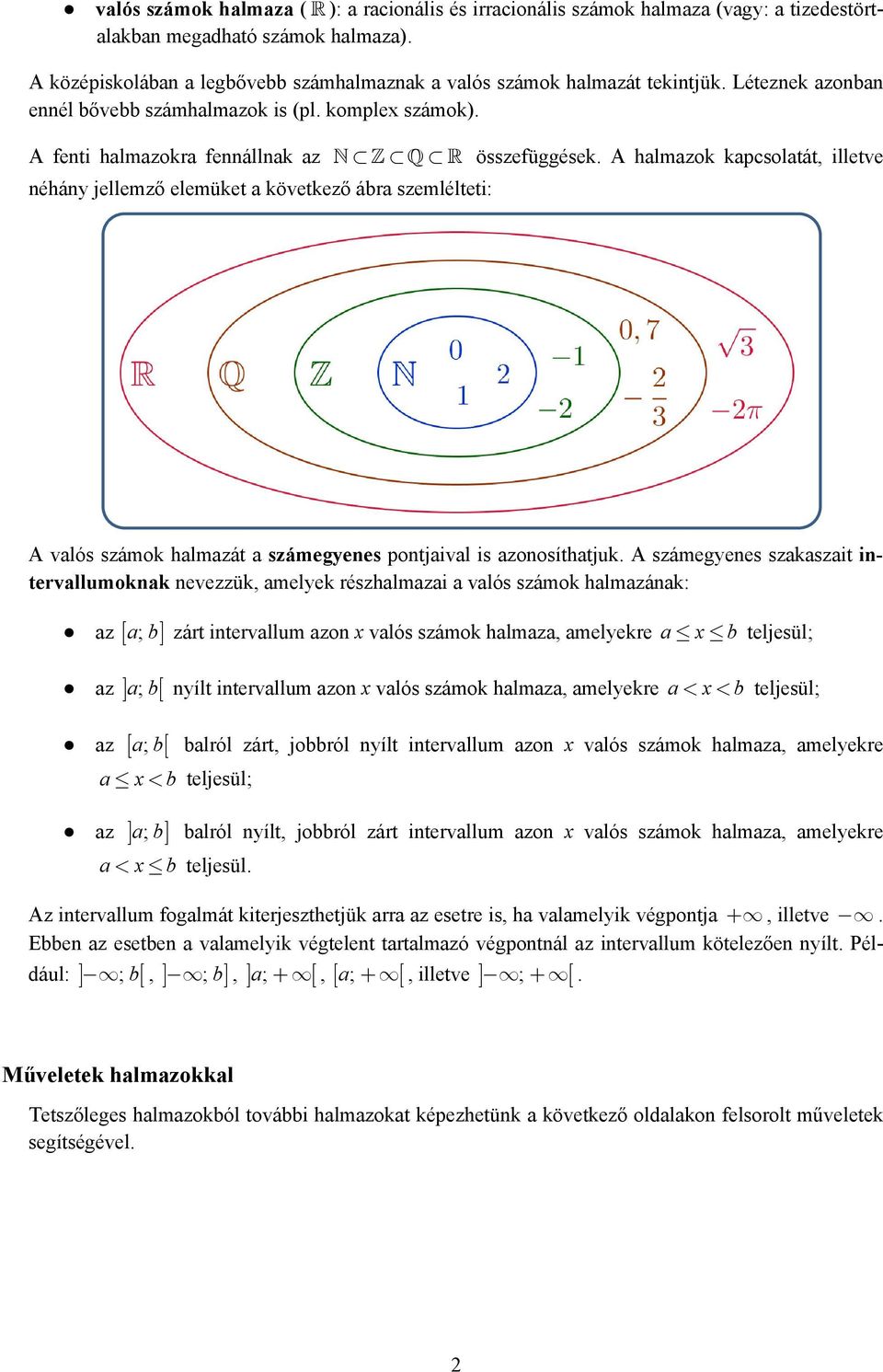 A halmazok kapcsolatát, illetve néhány jellemző elemüket a következő ábra szemlélteti: A valós számok halmazát a számegyenes pontjaival is azonosíthatjuk.