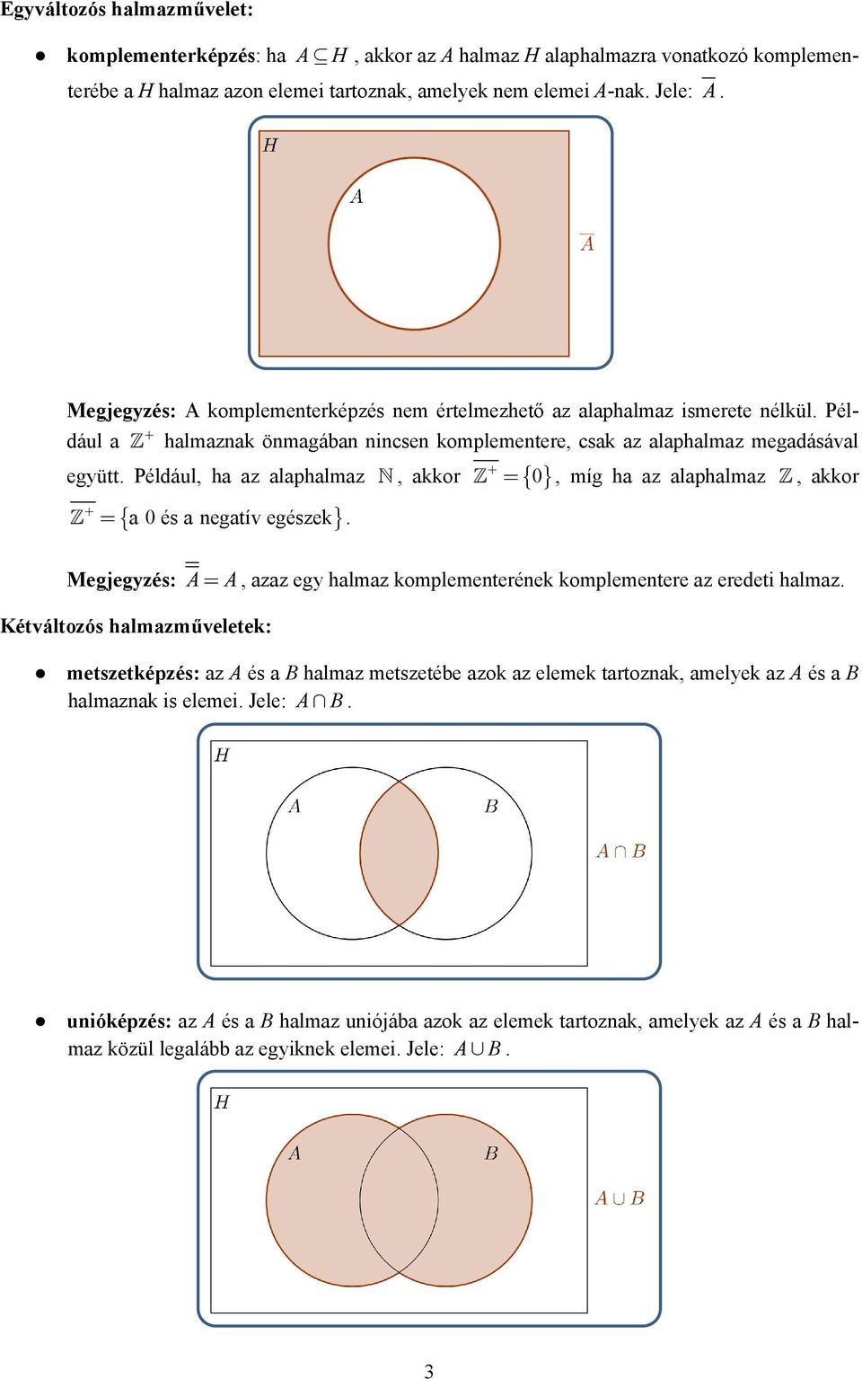 Például a halmaznak önmagában nincsen komplementere, csak az alaphalmaz megadásával + + = 0, míg ha az alaphalmaz, akkor együtt. Például, ha az alaphalmaz, akkor { } { a 0 és a negatív egészek} + =.