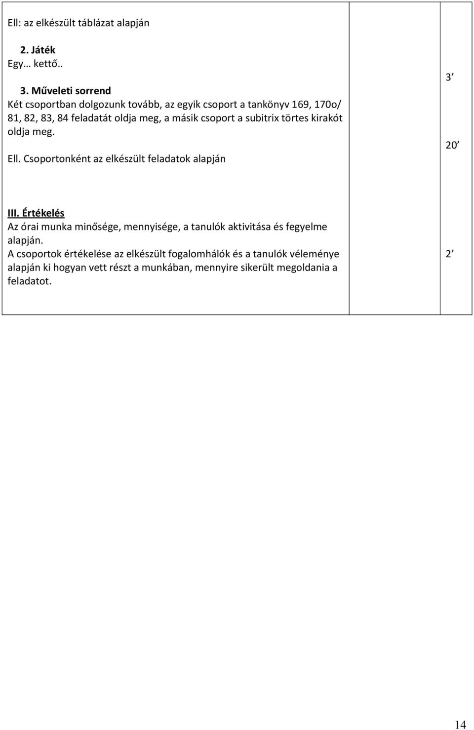 csoport a subitrix törtes kirakót oldja meg. Ell. Csoportonként az elkészült feladatok alapján 3 20 III.