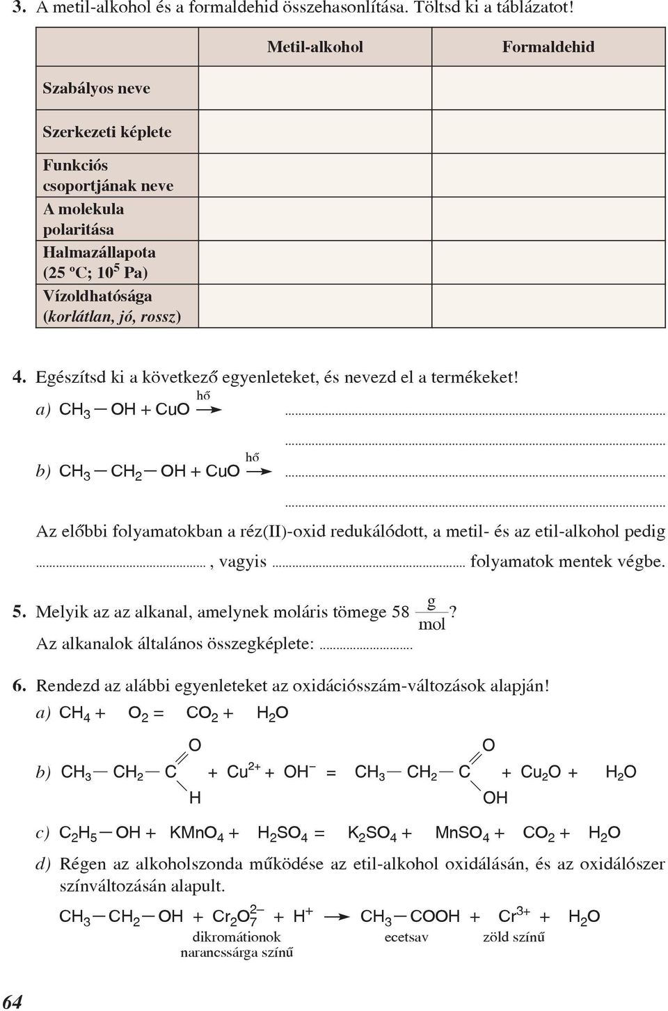 Egészítsd ki a következõ egyenleteket, és nevezd el a termékeket! hõ a) CH 3 OH + CuO...... hõ b) CH 3 CH 2 OH + CuO.