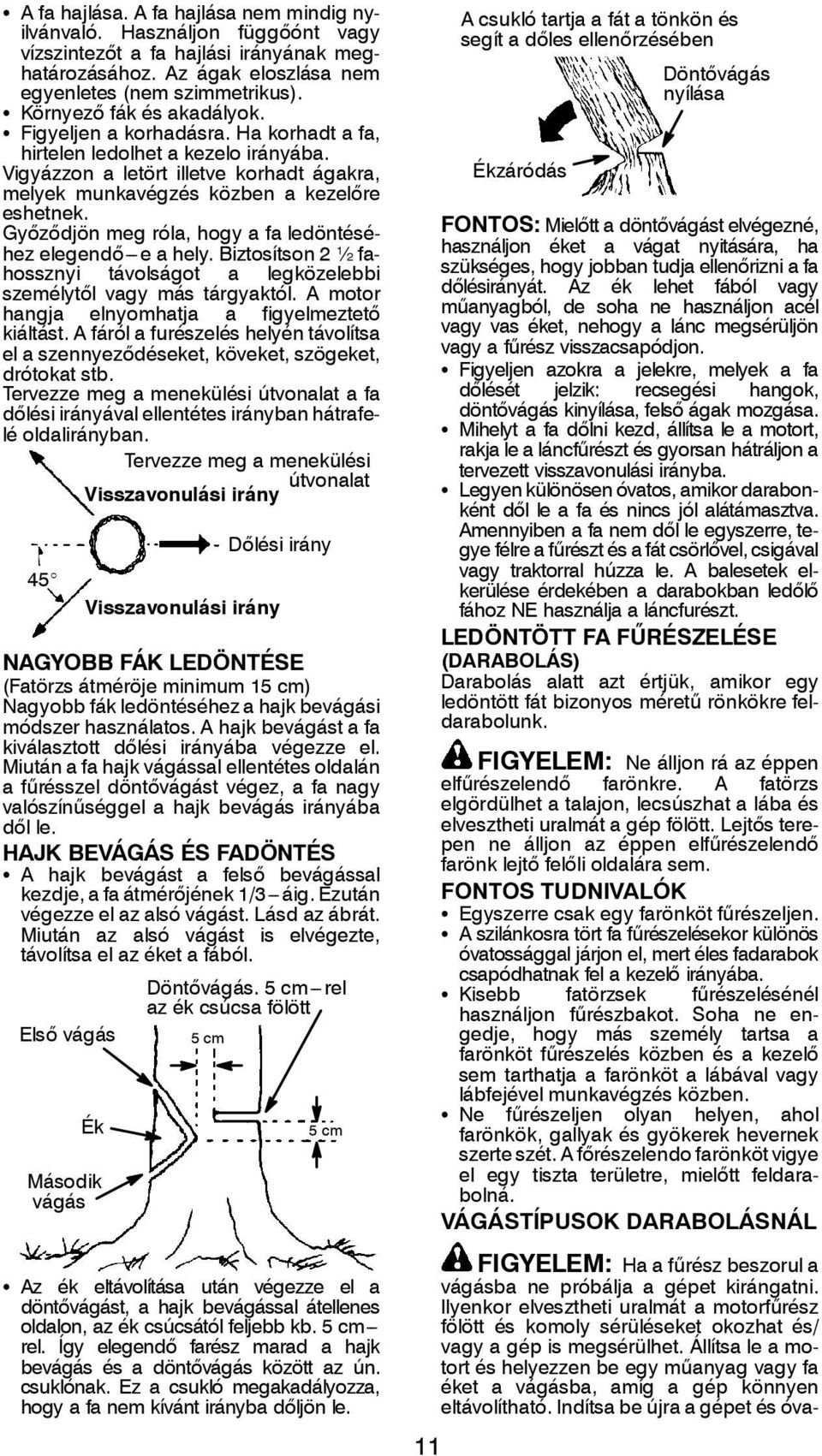 Győződjön meg róla, hogy a fa ledöntéséhez elegendő--- e a hely. Biztosítson 2 ½ fahossznyi távolságot a legközelebbi személytől vagy más tárgyaktól.