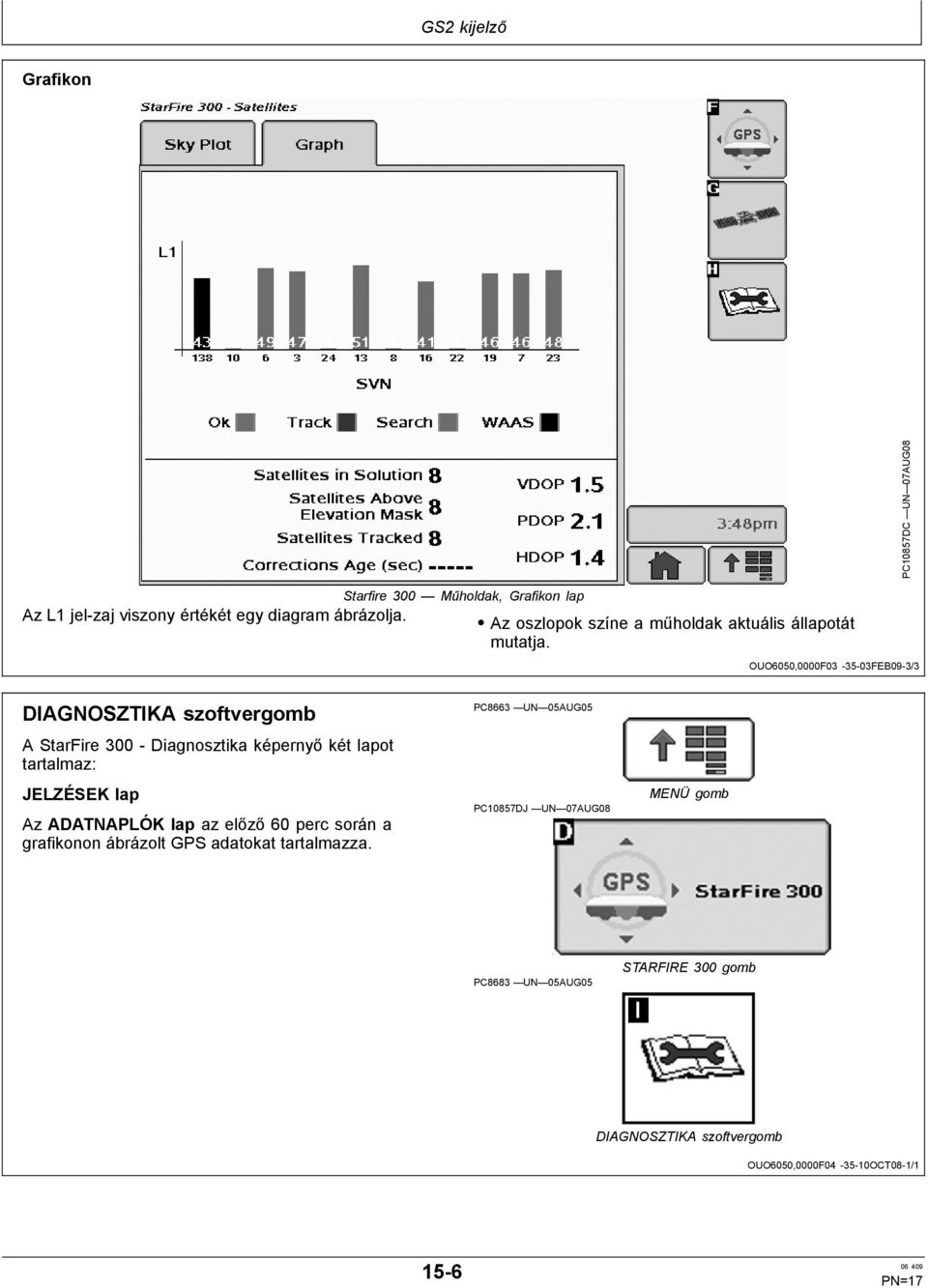 OUO6050,0000F03 35 03FEB09 3/3 DIAGNOSZTIKA szoftvergomb A StarFire 300 Diagnosztika képernyő két lapot tartalmaz: JELZÉSEK lap Az