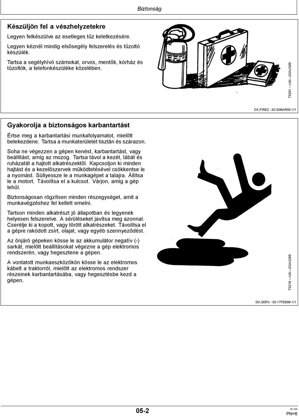 TS291 UN 23AUG88 DX,FIRE2 35 03MAR93 1/1 Gyakorolja a biztonságos karbantartást Értse meg a karbantartási munkafolyamatot, mielőtt belekezdene. Tartsa a munkaterületet tisztán és szárazon.
