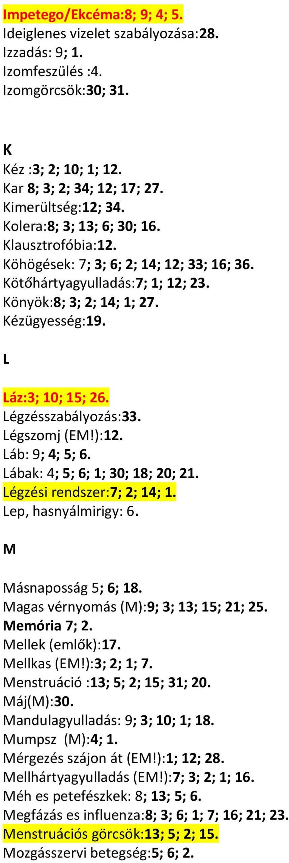 Légzésszabályozás:33. Légszomj (EM!):12. Láb: 9; 4; 5; 6. Lábak: 4; 5; 6; 1; 30; 18; 20; 21. Légzési rendszer:7; 2; 14; 1. Lep, hasnyálmirigy: 6. M Másnaposság 5; 6; 18.