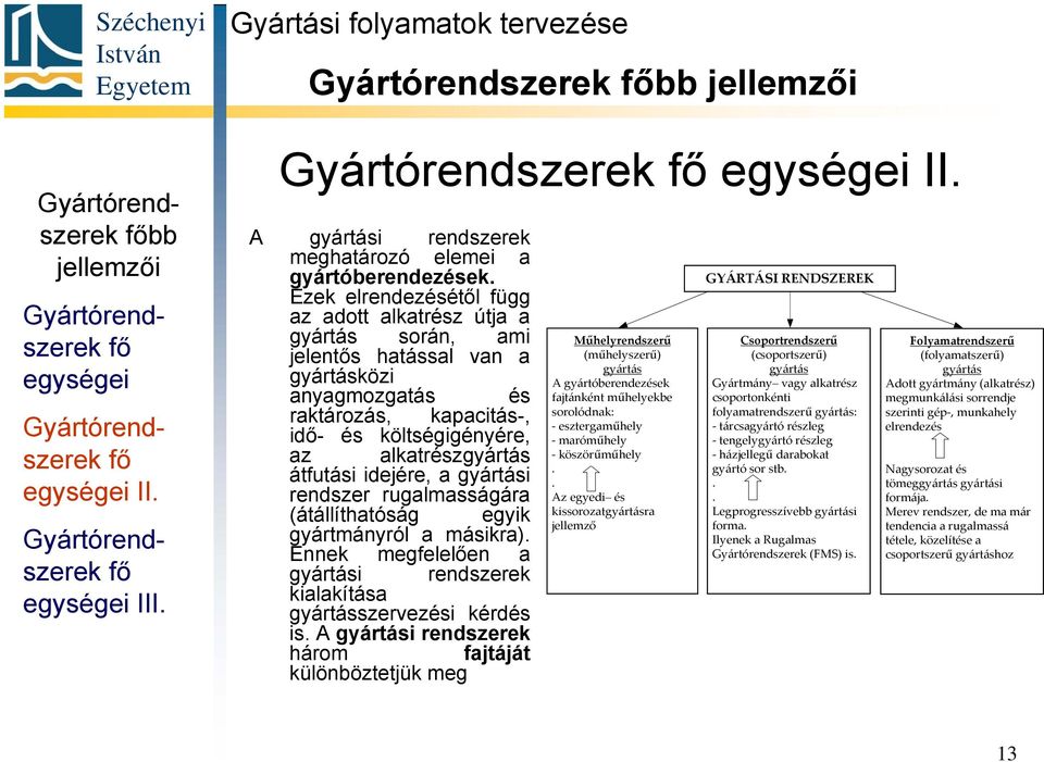 átfutási idejére, a gyártási rendszer rugalmasságára (átállíthatóság egyik gyártmányról a másikra). Ennek megfelelően a gyártási rendszerek kialakítása gyártásszervezési kérdés is.