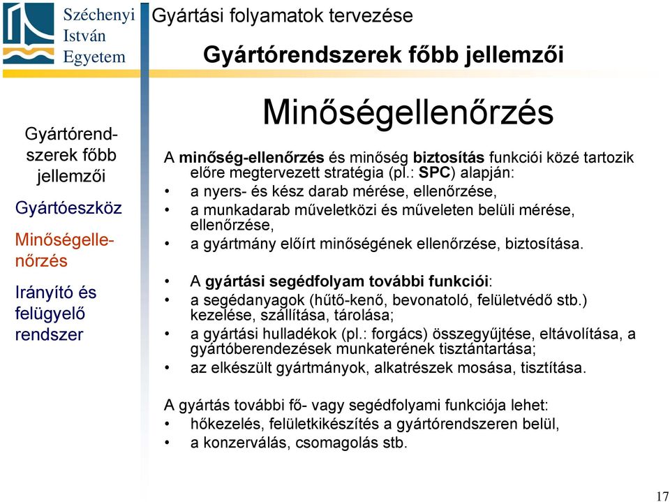 : SPC) alapján: a nyers- és kész darab mérése, ellenőrzése, a munkadarab műveletközi és műveleten belüli mérése, ellenőrzése, a gyártmány előírt minőségének ellenőrzése, biztosítása.