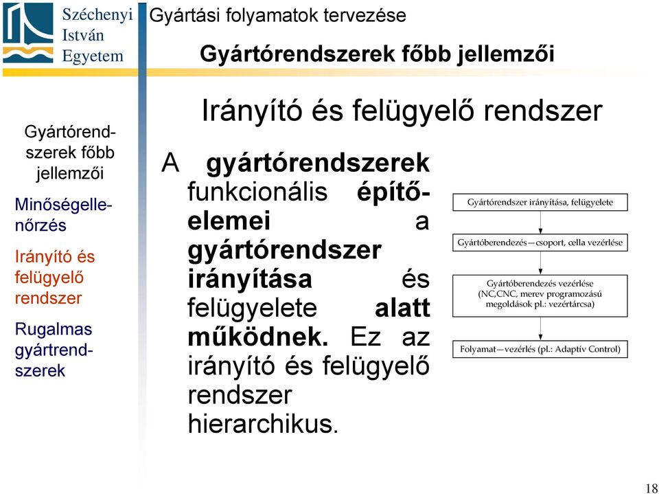 Gyártórendszerek főbb jellemzői Minőségellenőrzés Irányító és felügyelő rendszer Rugalmas gyártrendszerek Gyártórendszerek főbb