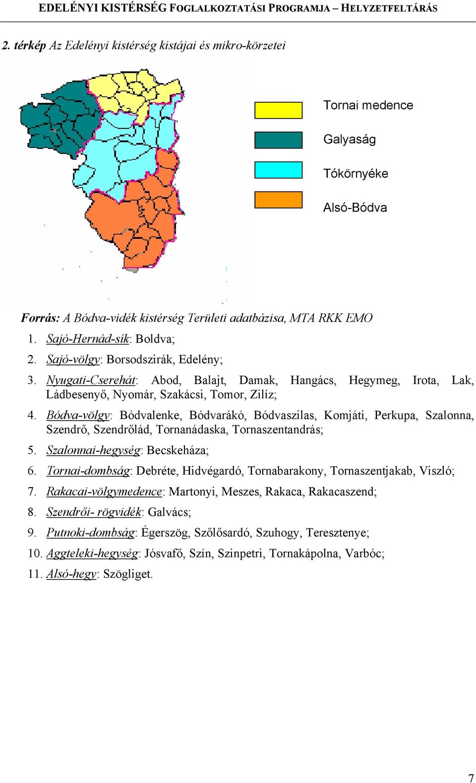 Bódva-völgy: Bódvalenke, Bódvarákó, Bódvaszilas, Komjáti, Perkupa, Szalonna, Szendrő, Szendrőlád, Tornanádaska, Tornaszentandrás; 5. Szalonnai-hegység: Becskeháza; 6.