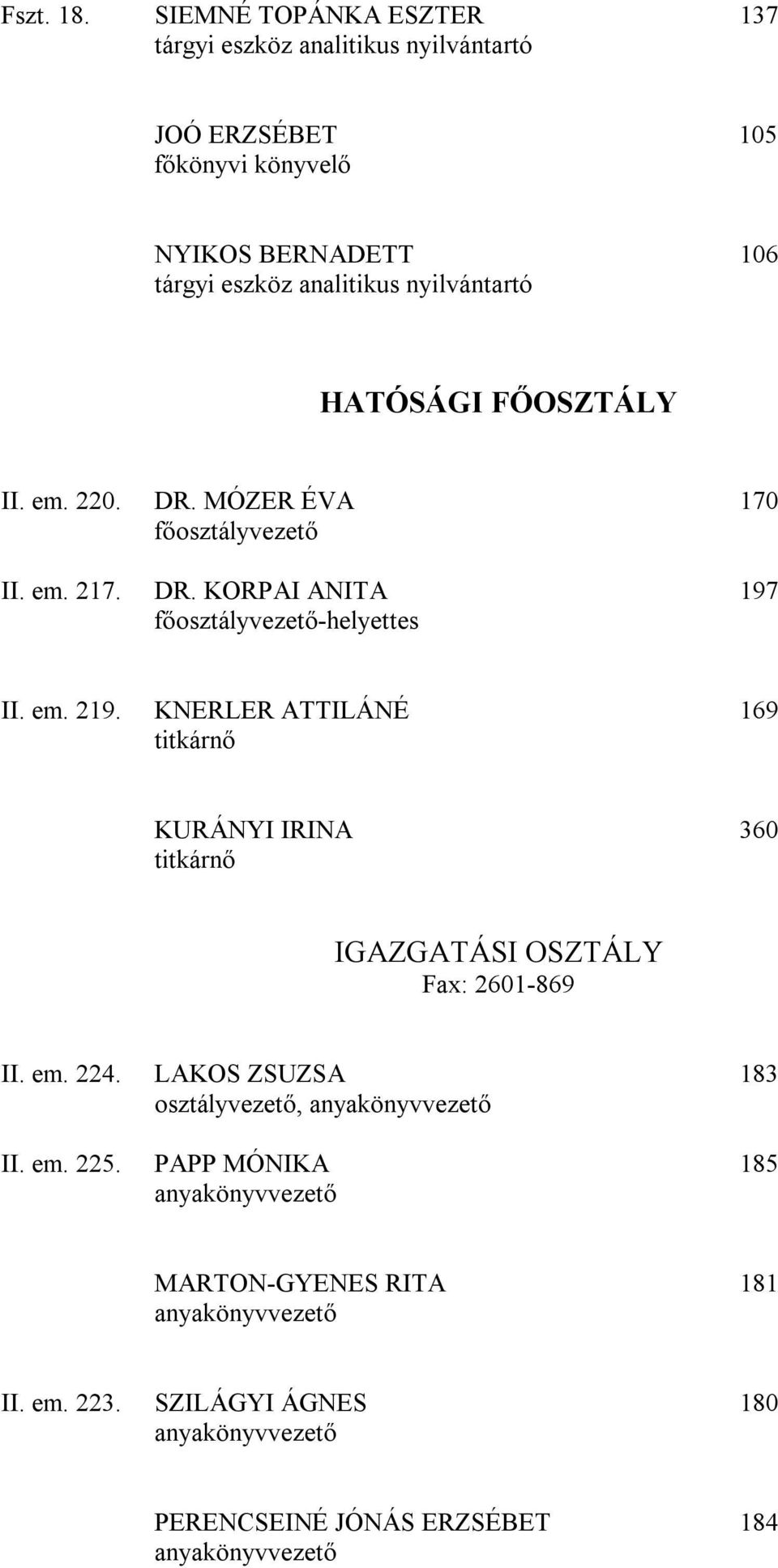 HATÓSÁGI FŐOSZTÁLY II. em. 220. DR. MÓZER ÉVA 170 főosztályvezető II. em. 217. DR. KORPAI ANITA 197 főosztályvezető-helyettes II. em. 219.