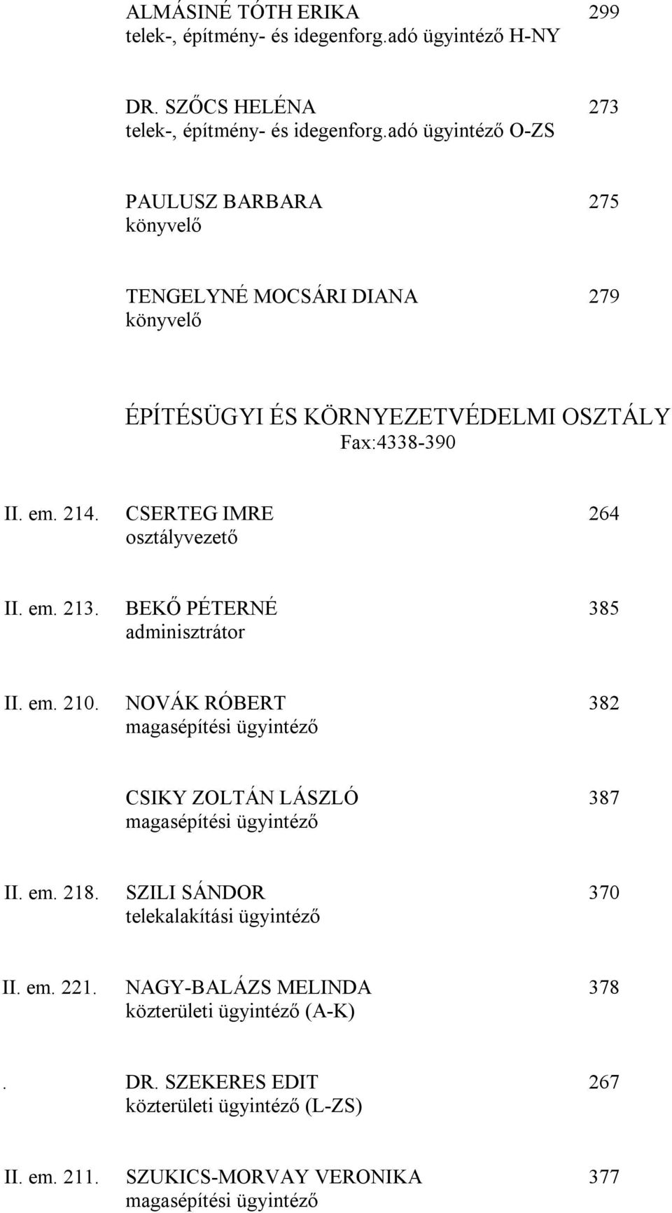 CSERTEG IMRE 264 osztályvezető II. em. 213. BEKŐ PÉTERNÉ 385 adminisztrátor II. em. 210.