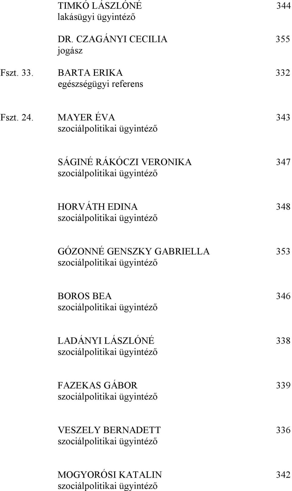 ügyintéző GÓZONNÉ GENSZKY GABRIELLA 353 szociálpolitikai ügyintéző BOROS BEA 346 szociálpolitikai ügyintéző LADÁNYI LÁSZLÓNÉ 338