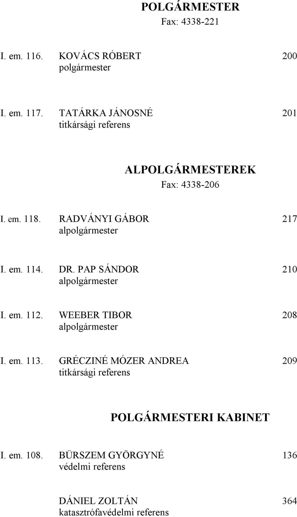 RADVÁNYI GÁBOR 217 alpolgármester I. em. 114. DR. PAP SÁNDOR 210 alpolgármester I. em. 112.