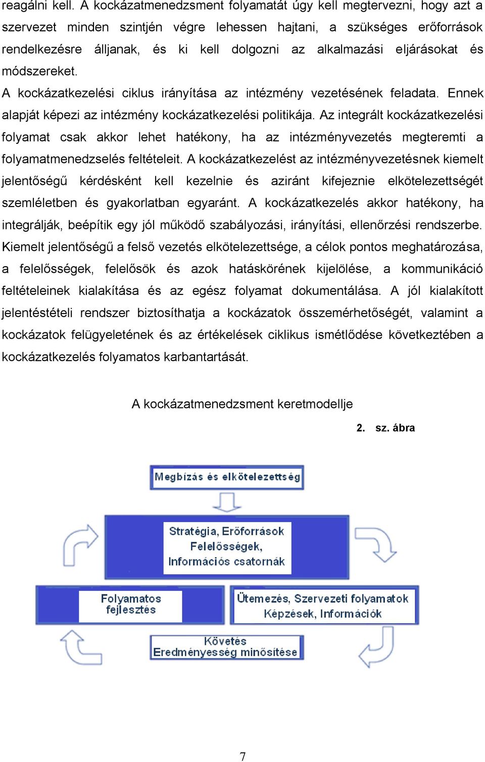 eljárásokat és módszereket. A kockázatkezelési ciklus irányítása az intézmény vezetésének feladata. Ennek alapját képezi az intézmény kockázatkezelési politikája.