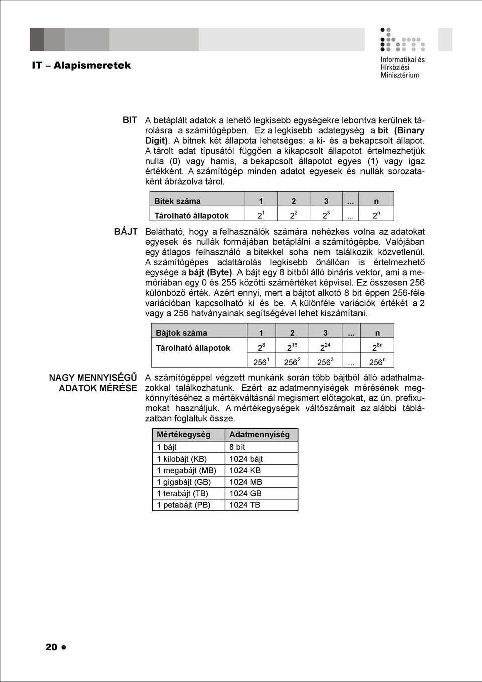 A tárolt adat típusától függően a kikapcsolt állapotot értelmezhetjük nulla (0) vagy hamis, a bekapcsolt állapotot egyes (1) vagy igaz értékként.