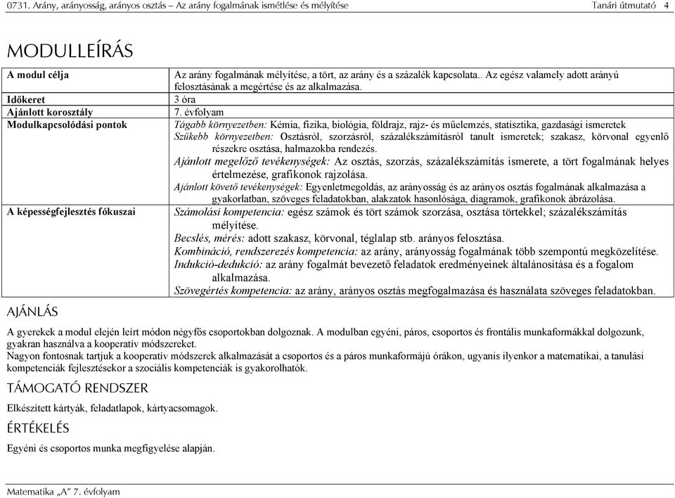 évfolyam Tágabb környezetben: Kémia, fizika, biológia, földrajz, rajz- és műelemzés, statisztika, gazdasági ismeretek Szűkebb környezetben: Osztásról, szorzásról, százalékszámításról tanult