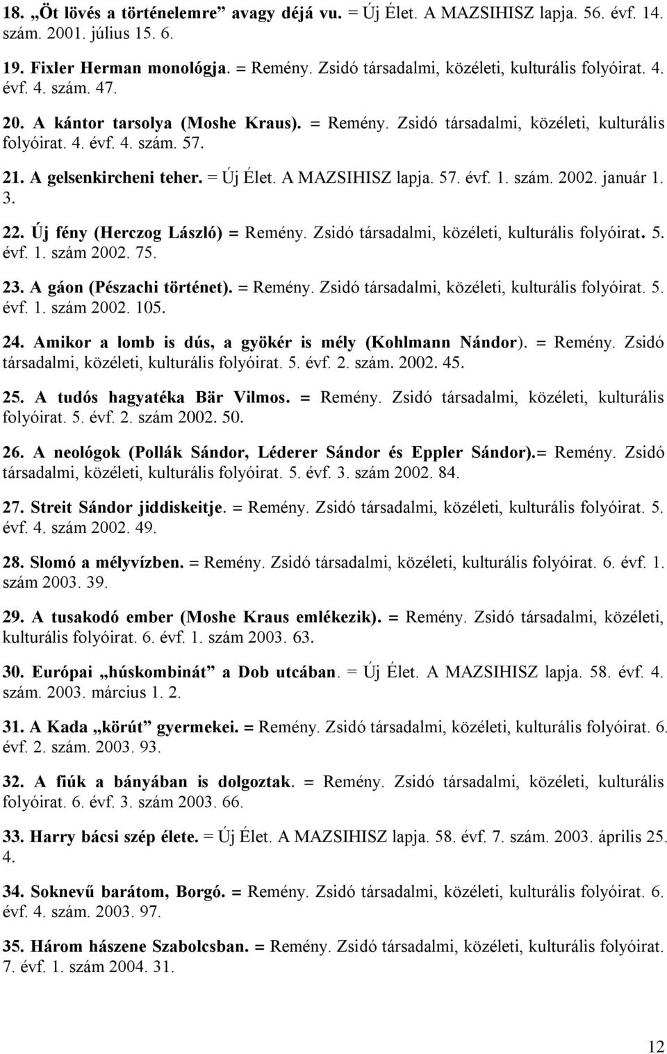 szám. 2002. január 1. 3. 22. Új fény (Herczog László) = Remény. Zsidó társadalmi, közéleti, kulturális folyóirat. 5. évf. 1. szám 2002. 75. 23. A gáon (Pészachi történet). = Remény. Zsidó társadalmi, közéleti, kulturális folyóirat. 5. évf. 1. szám 2002. 105.