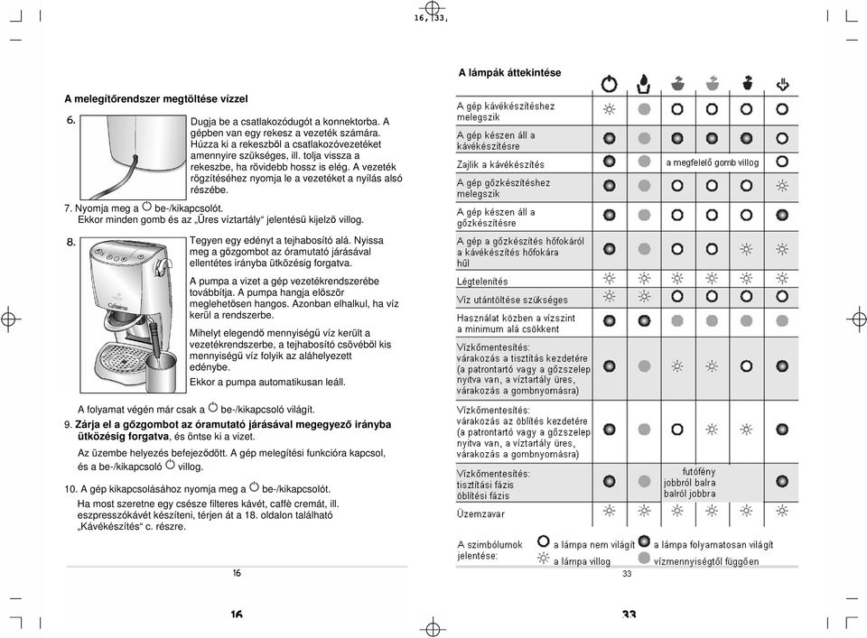 Nyomja meg a be-/kikapcsolót. Ekkor minden gomb és az Üres víztartály jelentésű kijelző villog. Tegyen egy edényt a tejhabosító alá.