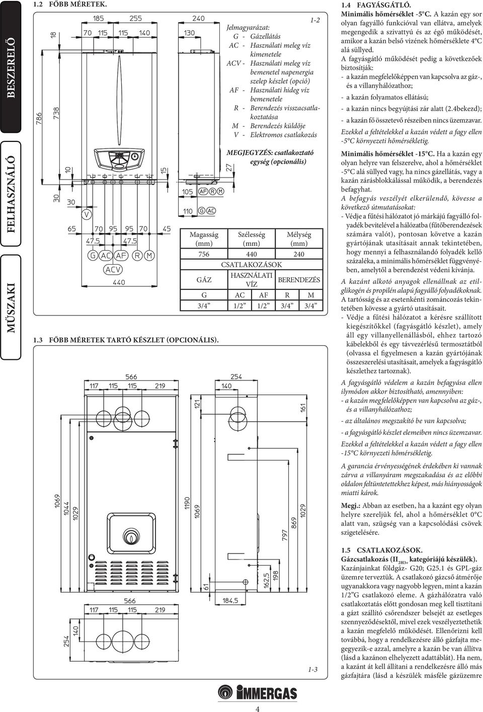 visszacsatlakoztatása M - Berendezés küldője V - Elektromos csatlakozás MEGJEGYZÉS: csatlakoztató egység (opcionális) Szélesség (mm) Mélység (mm) 756 440 240 CSATLAKOZÁSOK GÁZ HASZNÁLATI BERENDEZÉS