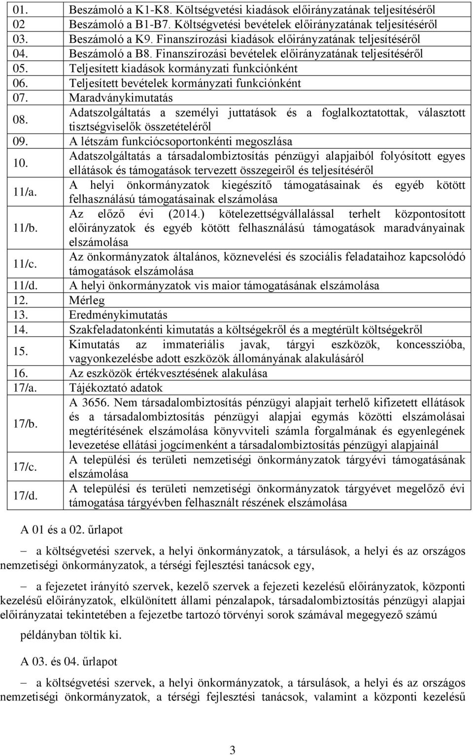 Teljesített bevételek kormányzati funkciónként 07. Maradványkimutatás 08. Adatszolgáltatás a személyi juttatások és a foglalkoztatottak, választott tisztségviselők összetételéről 09.