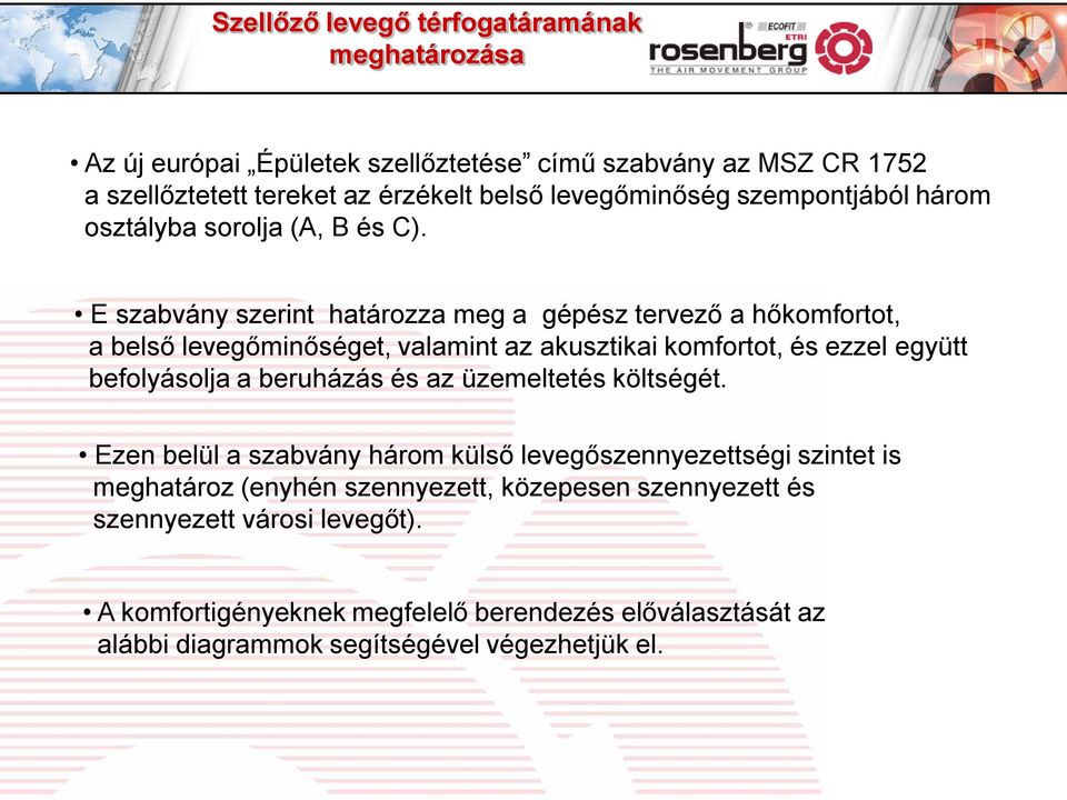 E szabvány szerint határozza meg a gépész tervező a hőkomfortot, a belső levegőminőséget, valamint az akusztikai komfortot, és ezzel együtt befolyásolja a beruházás és