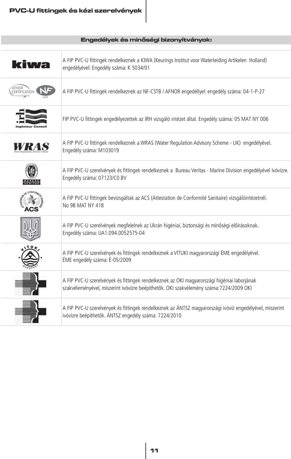 Engedély száma: 05 MAT NY 006 A FIP PVC-U fittingek rendelkeznek a WRAS (Water Regulation Advisory Scheme - UK) engedélyével.