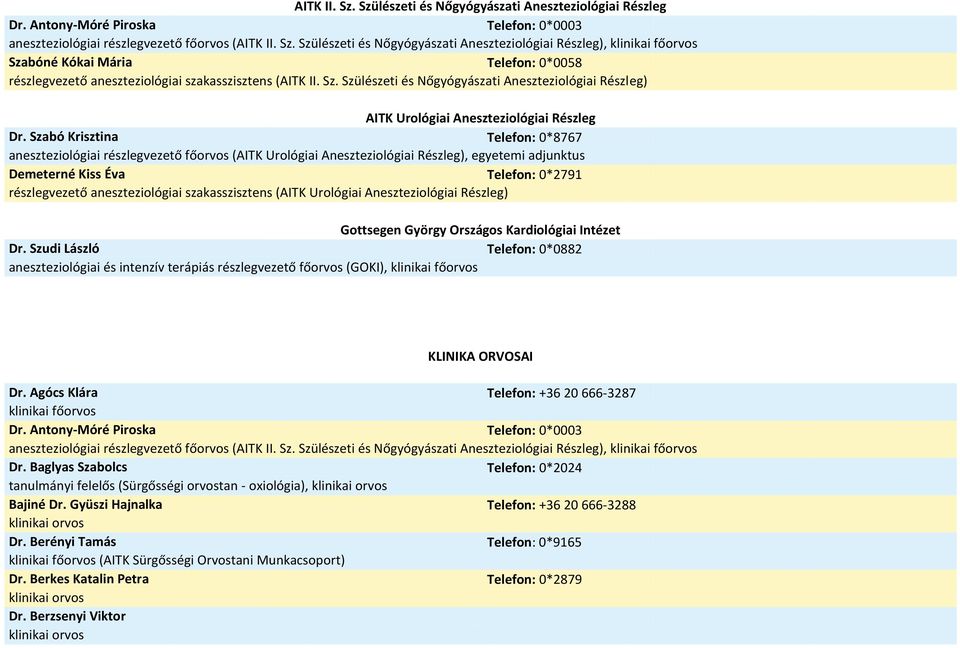 Szabó Krisztina Telefon: 0*8767 aneszteziológiai részlegvezető főorvos (AITK Urológiai Aneszteziológiai Részleg), egyetemi adjunktus Demeterné Kiss Éva Telefon: 0*2791 részlegvezető aneszteziológiai