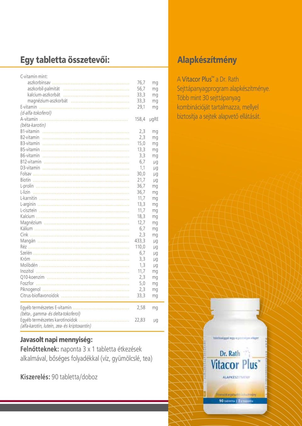 .. 6,7 µg D3-vitamin... 1,1 µg Folsav... 30,0 µg Biotin... 21,7 µg L-prolin... 36,7 mg L-lizin... 36,7 mg L-karnitin... 11,7 mg L-arginin... 13,3 mg L-cisztein... 11,7 mg Kalcium... 18,3 mg Magnézium.