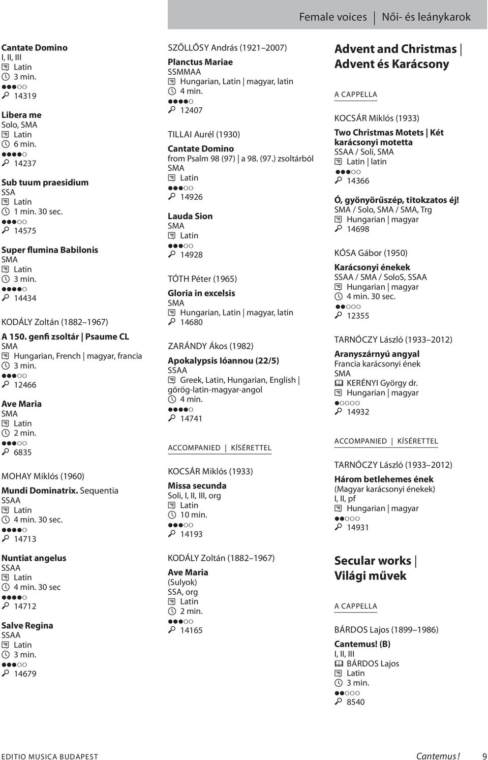 András (1921 2007) Planctus Mariae SSMMAA M 12407 TILLAI Aurél (1930) Cantate Domino from Psalm 98 (97) a 98 (97) zsoltárból M 14926 Lauda Sion M 14928 TÓTH Péter (1965) Gloria in excelsis M 14680