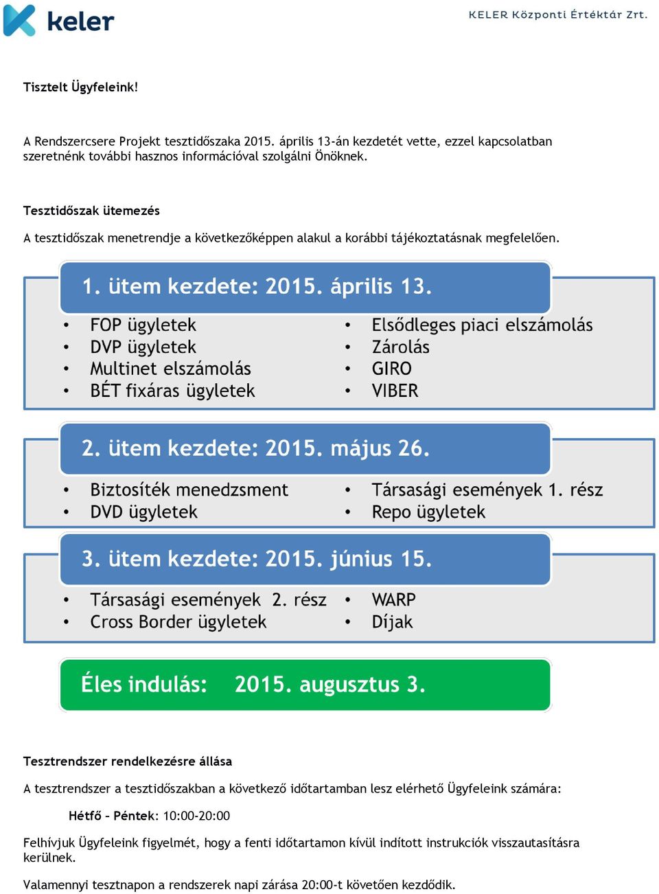 Tesztidőszak ütemezés A tesztidőszak menetrendje a következőképpen alakul a korábbi tájékoztatásnak megfelelően.