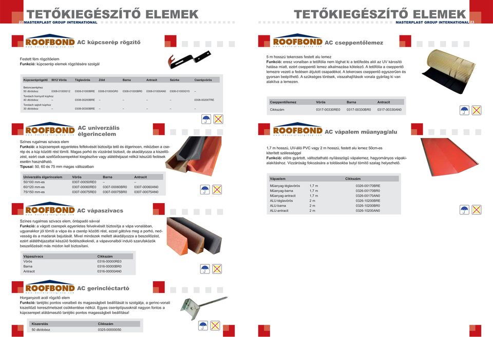0308-01000AN0 0308-01000GY0 Tondach hornyolt kúphoz 40 db/doboz 0308-00200BRE 0308-00200TRE Tondach sajtolt kúphoz 30 db/doboz 0308-00300BRE 5 m hosszú tekercses festett alu lemez Funkció: eresz