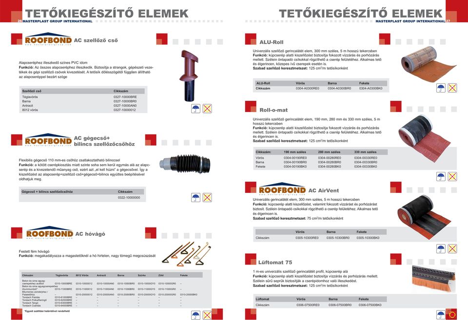 A tetősík dőlésszögétől függően állítható az alapcseréppel bezárt szöge Szellőző cső Téglavörös 0327-10000BRE Barna 0327-10000BR0 Antracit 0327-10000AN0 8012 vörös 0327-10000012 AC gégecső+ bilincs