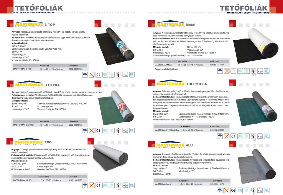 Súlya: 140g/m 2 Szakítószilárdsága (hossz/kereszt): 260/180 N/50 mm Sd: 0,04 m Vízzárósága: W1 Hőállósága: +70 C Vonatkozó előírás: EN 13859-1 MASTERMAX 3 TOP 1,5 m 50 m=75 m 2 /tekercs 0202-14015A75
