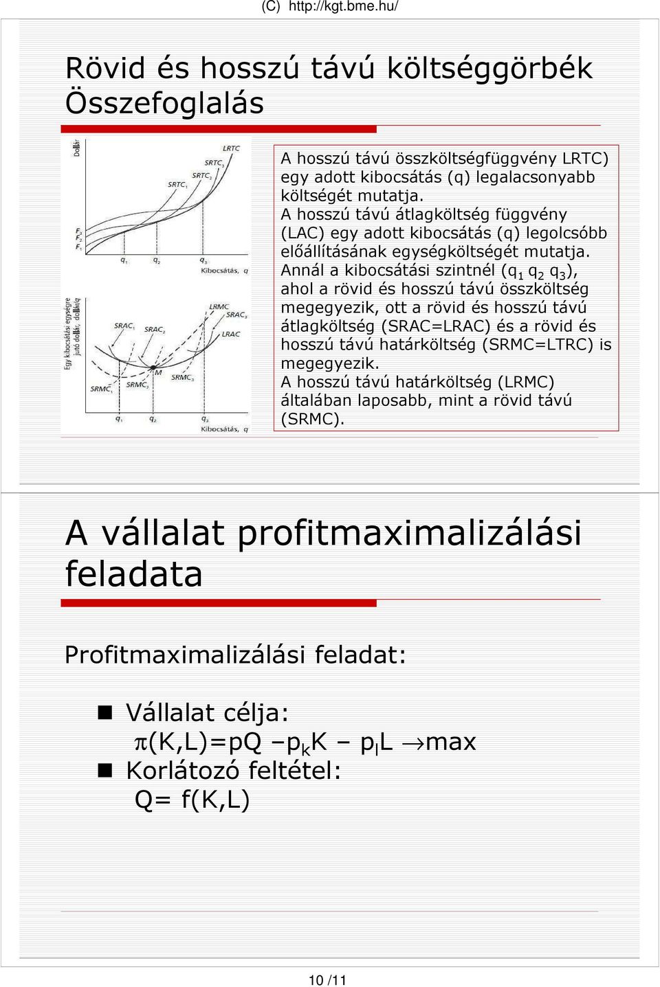 Annál a kibocsátási szintnél ( 1 2 3 ), ahol a rövid és hosszú távú összköltség megegyezik, ott a rövid és hosszú távú átlagköltség (SRAC=LRAC) és a rövid és hosszú távú