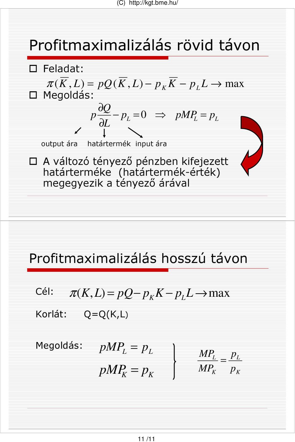 határterméke (határtermék-érték) megegyezik a tényezı árával Profitmaximalizálás hosszú távon