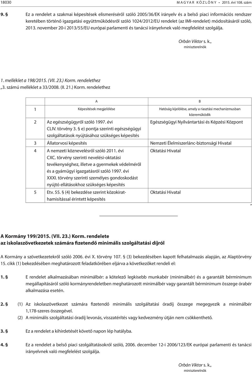 IMI-rendelet) módosításáról szóló, 2013. november 20-i 2013/55/EU európai parlamenti és tanácsi irányelvnek való megfelelést szolgálja. Orbán Viktor s. k., miniszterelnök 1. melléklet a 198/2015.