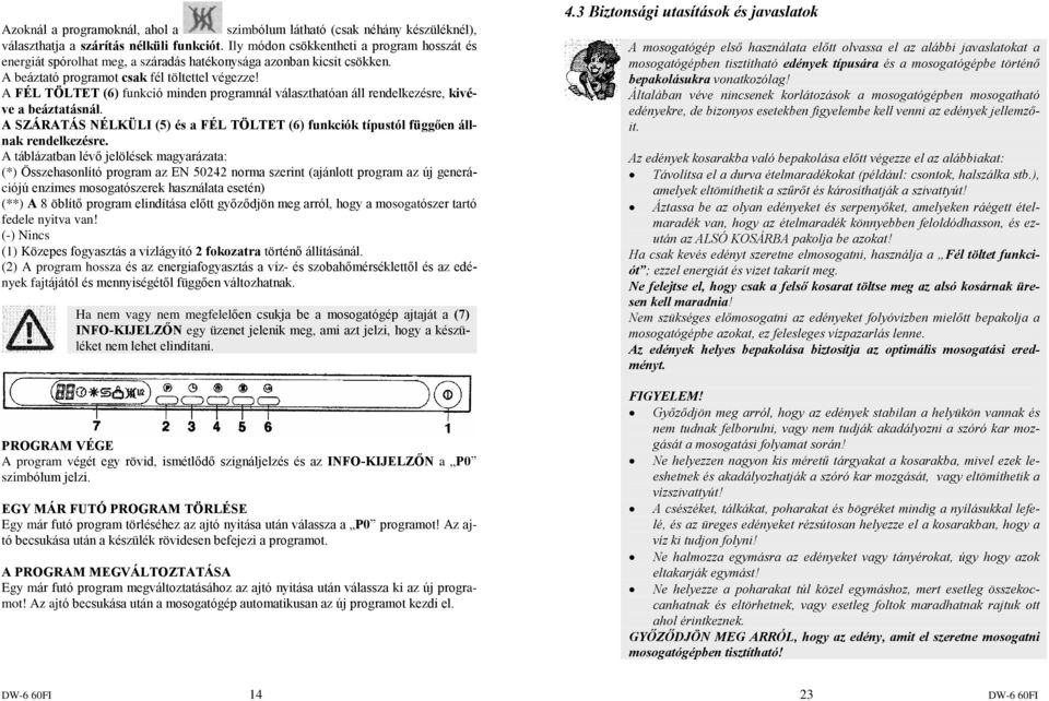 A FÉL TÖLTET (6) funkció minden programnál választhatóan áll rendelkezésre, kivéve a beáztatásnál. A SZÁRATÁS NÉLKÜLI (5) és a FÉL TÖLTET (6) funkciók típustól függõen állnak rendelkezésre.